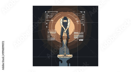 A person in overalls operating a floor cleaning machine with a glowing aura and data interface overlay.