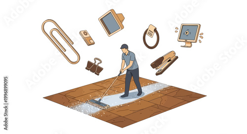An illustration of a person sweeping a floor, with various office supplies like a paperclip, binder clip, and monitor floating above, symbolizing organization and decluttering.