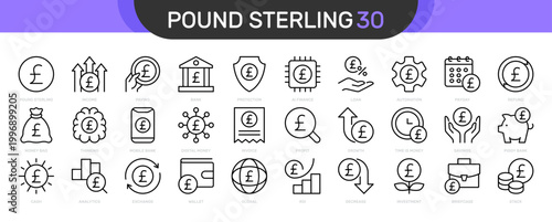 Pound Sterling thin line icon set. GBP Currency, British UK Money, Finance, Banking, Financial concept. Black outline vector icons collection.