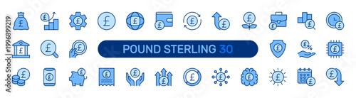 Pound Sterling filled icon set. GBP Currency, British UK Money, Finance, Banking, Financial concept. Blue vector icons collection.
