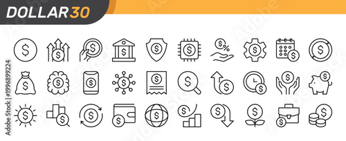 Dollar thin line icon set. USD Currency, American US Money, Finance, Banking, Financial concept. Black outline vector icons collection.
