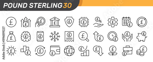 Pound Sterling thin line icon set. GBP Currency, British UK Money, Finance, Banking, Financial concept. Black outline vector icons collection.