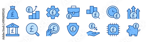 Pound Sterling filled icon set. GBP Currency, British UK Money, Finance, Banking, Financial concept. Blue vector icons collection.