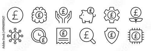 Pound Sterling thin line icon set. GBP Currency, British UK Money, Finance, Banking, Financial concept. Black outline vector icons collection.