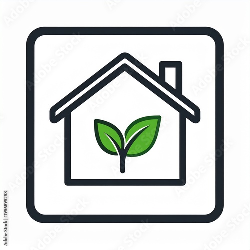 Green Home Initiative: A minimalist icon presents a house frame, a sanctuary of sustainable living, with verdant leaves flourishing at its heart.