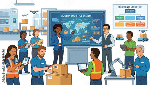 Diverse team of professional workers managing a modern logistics system in a high tech warehouse with drones robots and data analytics for global shipping and supply chain operations