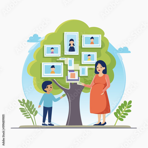Family Tree Illustration with Pregnant Mother and Child