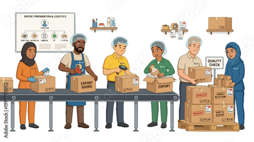 Diverse team of factory workers preparing cardboard boxes for international shipping and export on a conveyor belt in a modern industrial warehouse facility