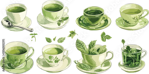 A set of green beer bottles beside white ceramic cups and teaware on a clean isolated background