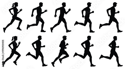 Running Silhouettes: Dynamic silhouette of running people in action, depicting the stages of running, action poses. sport and exercise, fitness, movement, runners, healthy lifestyle.