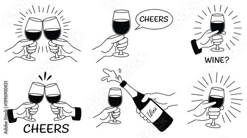 Cheers to Celebration: Illustrated toasts with red wine glasses, evoking celebration. hand-drawn style, wine art, graphic elements, minimalist design, party concept.