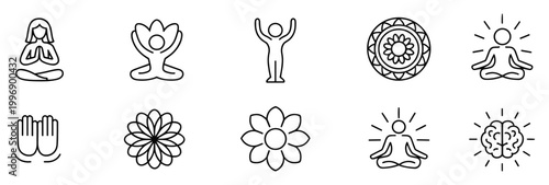 Mindfulness and Well-being: A set of yoga and meditation icons, promoting inner peace, healthy living, mindful practice, mental wellness.
