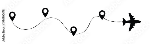 Air Journey's Route: A vector illustration of a plane with travel pins indicating a flight path. journey, exploration, vacation planning, aviation travel, air navigation.
