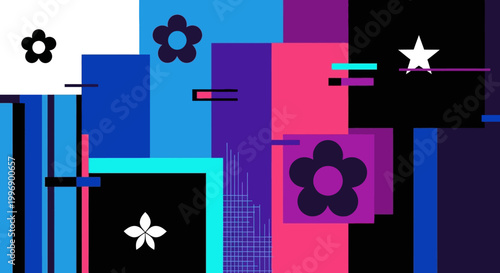 Abstract Geometric Background with Glitch Effect and Floral Symbols