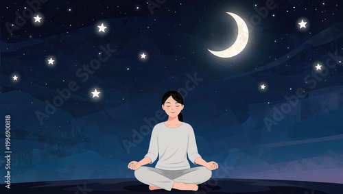 Seated Yogi Rooftop Silhouette Under Crescent Moon Skyline