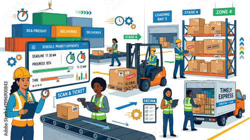 Logistics and supply chain management illustration showing diverse workers in a busy warehouse with forklift shipping containers delivery truck and digital tracking dashboard