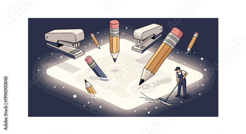 A surreal illustration of a small person cleaning a glowing pool surrounded by giant pencils and staplers.