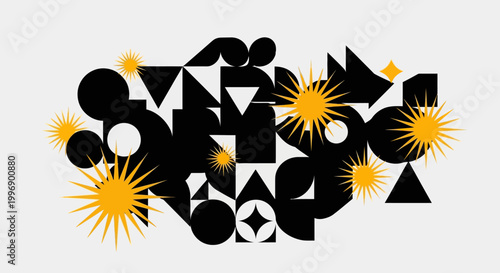 Abstract Geometric Composition with Black Shapes and Yellow Sparkles