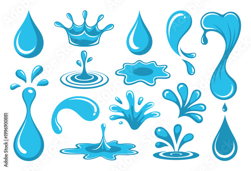 Collection of Blue Water Droplets and Splashes