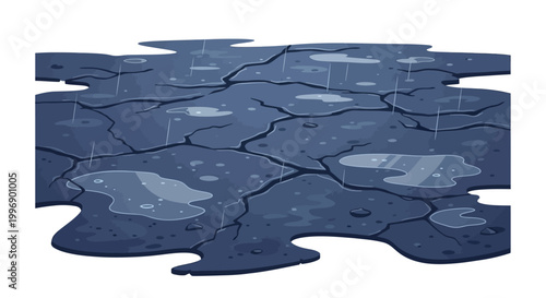 Illustration of a dark, cracked ground surface with numerous puddles and falling raindrops, depicting a wet and rainy environment.