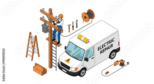 An isometric illustration depicting an electrician working on a utility pole with an electric repair van and various tools.