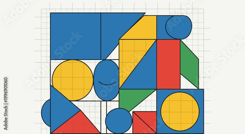 Abstract Geometric Composition with Colorful Shapes on Grid Background