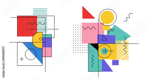 Abstract Geometric Composition with Memphis Style Elements and Vibrant Shapes
