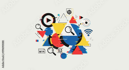 Abstract Digital Glitch Composition with Geometric Shapes and Technology Icons