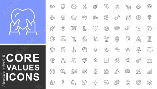 Core Values outline icons set. With concepts like Communication, Generosity, Responsibility, Quality, Reputation, Competence, Curiosity, Teamwork, Honesty. Editable stroke. Vector illustration