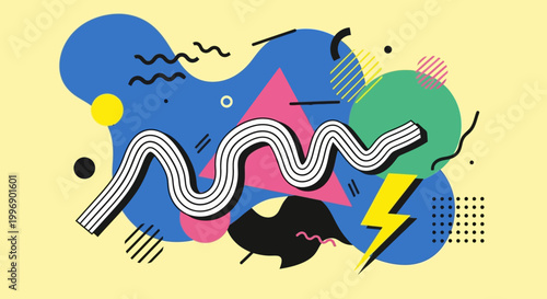 Abstract Memphis Style Geometric Design with Vibrant Shapes and Wavy Lines