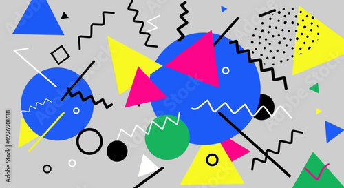Abstract Memphis Style Geometric Pattern with Colorful Shapes and Lines