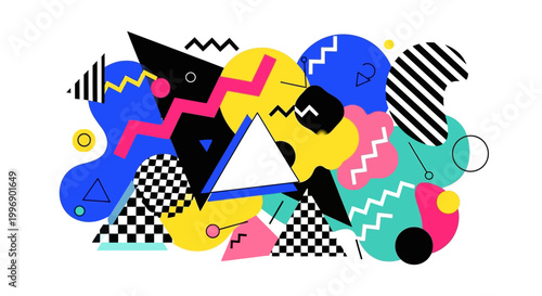 Abstract Memphis Style Geometric Pattern with Colorful Shapes and Vibrant Elements