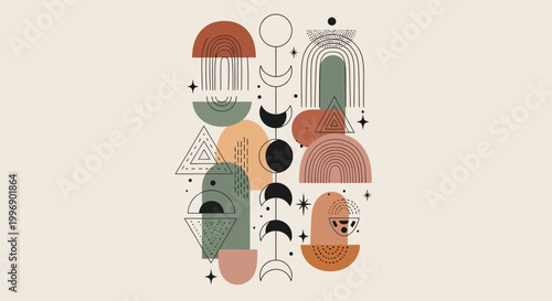 Boho Celestial Abstract Shape Composition with Moon Phases and Geometric Elements