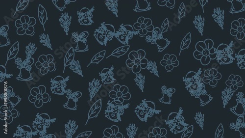Seamless floral doodle pattern animation featuring flowers, leaves and bouquet elements on dark background. Perfect for romantic design, wedding, packaging and elegant backgrounds.