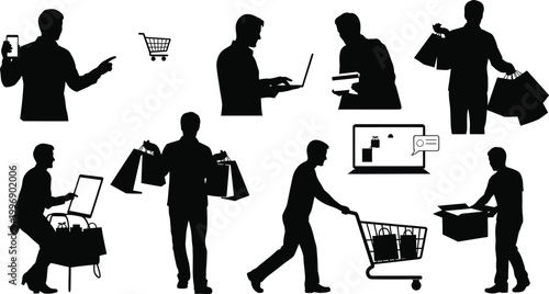 Online shopping and retail delivery silhouettes isolated on white background, Vector