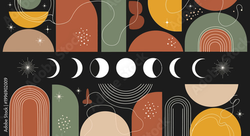 Boho Moon Phase Abstract Geometric Pattern with Celestial Elements