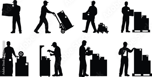 Warehouse worker handling various packages and equipment isolated on white background, Vector
