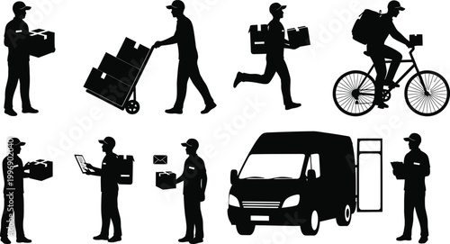 Delivery workers using various transport methods isolated on white background, Vector