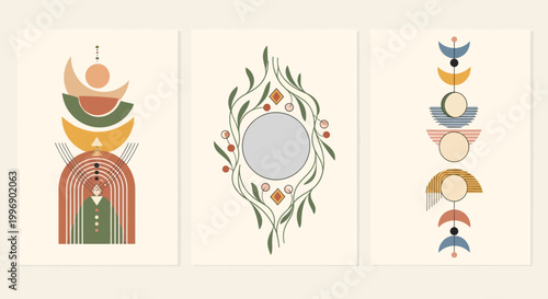Boho Wall Art Set with Celestial and Botanical Elements