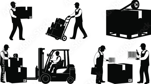 Warehouse workers handling packages and pallets isolated on white background, Vector
