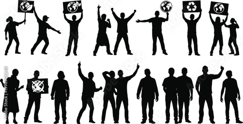 People protesting with environmental flags and signs isolated on white background, Vector