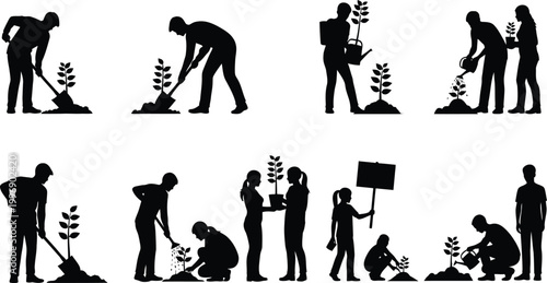 People planting and caring for young trees together isolated on white background, Vector