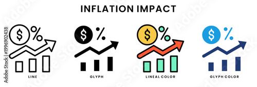Inflation impact icon set with rising price chart percentage symbol and dollar sign in line, glyph, lineal color and glyph color styles