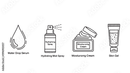 Skincare Products Icon Set featuring Face Serum, Hydrating Mist, Moisturizing Cream, and Skin Gel for Beauty Cosmetics Branding