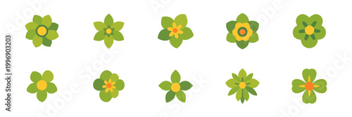 Set of green flower icons, floral blossom decoration, colorful collection with illustrations