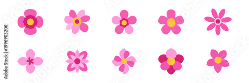 Set of pink flower icons, floral blossom decoration, colorful collection with illustrations