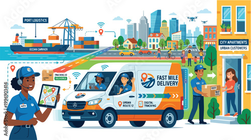 Logistics and shipping industry concept with ocean carrier port delivery van and worker delivering package to urban customer using digital tracking and smart technology systems