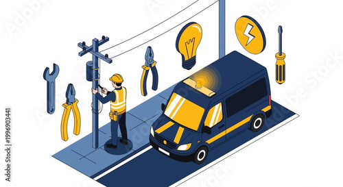 Isometric illustration of an electrician working on a utility pole with a service van and tools.