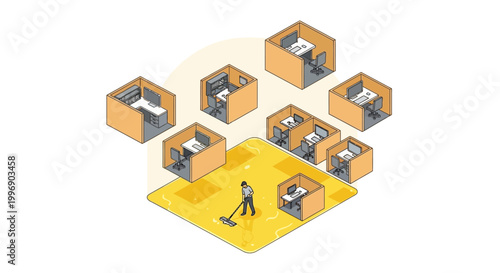 An isometric illustration of a person vacuuming an office floor surrounded by individual cubicles.