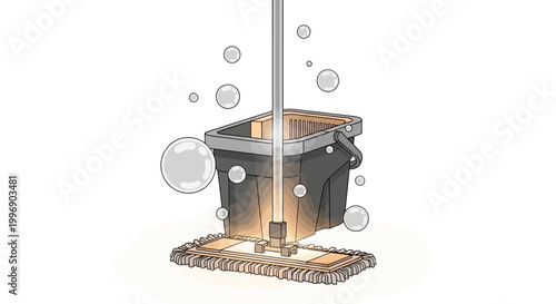 A mop and bucket with soapy water and bubbles, ready for cleaning a floor.